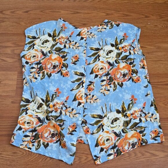 Joie Top Womens Large Blue Floral Linen Short Sleeve Casual Beachy Button Back - Picture 8 of 12